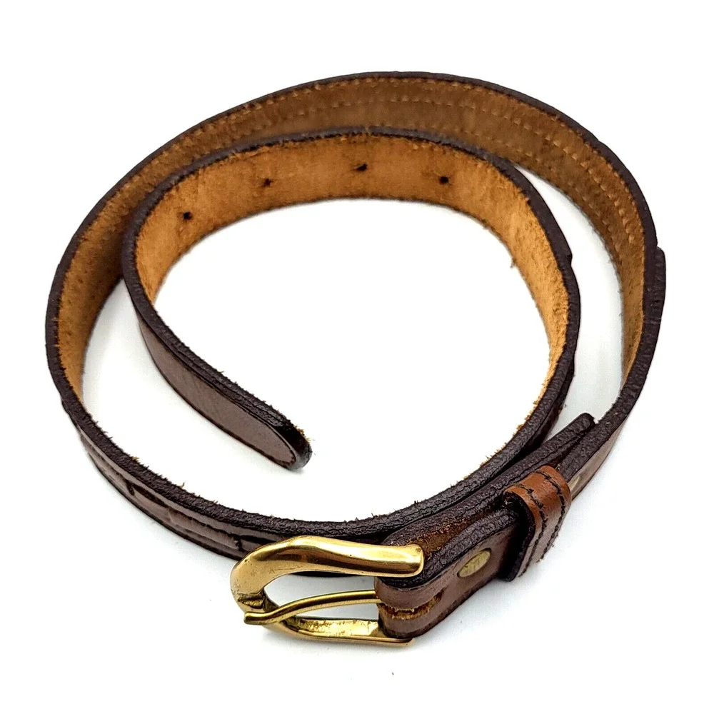 Vintage 90s Boys Brown Leather Weave Belt Brass Buckle 24